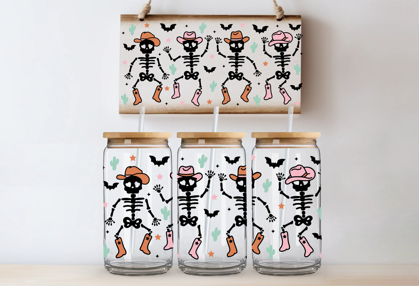 FROSTED Glass Can with Bamboo Lid & Straw (Dancing Cowboys)