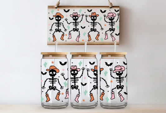 FROSTED Glass Can with Bamboo Lid & Straw (Dancing Cowboys)