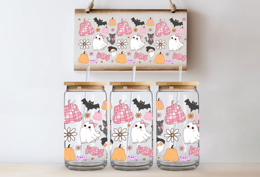 FROSTED Glass Can with Bamboo Lid & Straw (Pink Halloween)